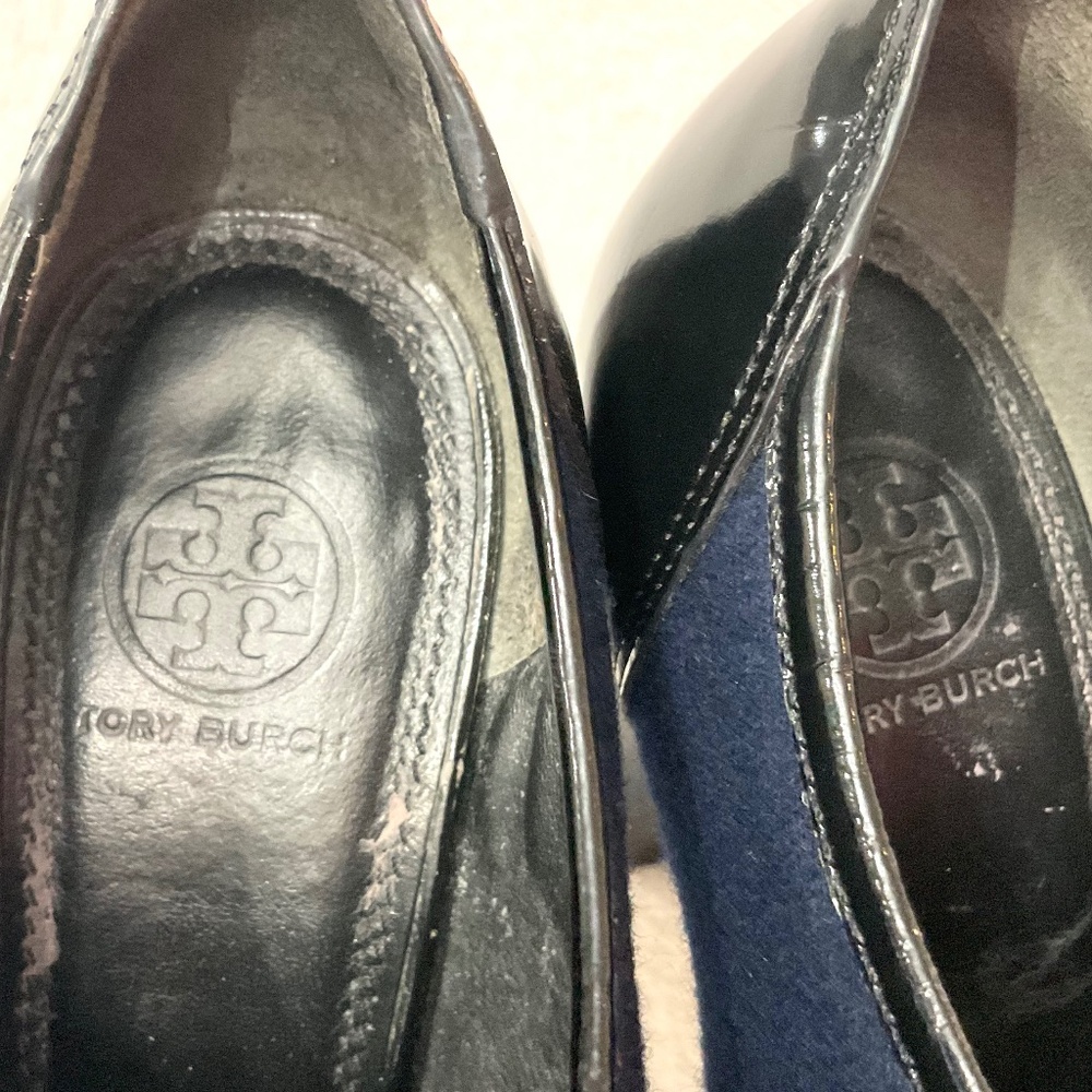 Black/Blue Leather Pull On Tory Burch Leighton Chunky Block Heel Booties Sz 7.5M - Picture 7 of 16